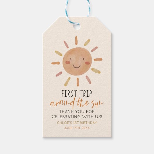 Roze Eerste Reis Rond De Zon 1e Verjaardagsfeestje Cadeaulabel (Voorkant)