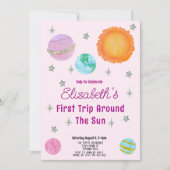 Roze eerste reis rond de zon meisje 1e verjaardag kaart (Voorkant)
