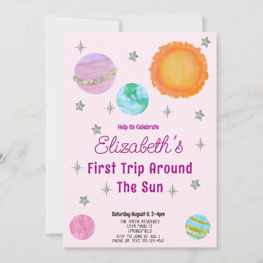 Roze eerste reis rond de zon meisje 1e verjaardag kaart (Voorkant)