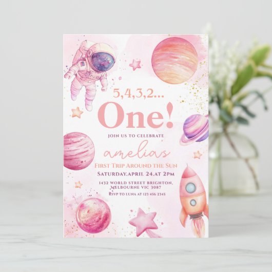 Roze eerste reis rond de zon Ruimte 1e verjaardag Kaart (Staand voorkant)