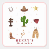 Roze Eerste Rodeo Cowboy Kids Verjaardagsfoto Vierkante Sticker (Voorkant)