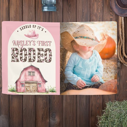 Roze Eerste Rodeo Custom Cowgirl Foto 1e verjaarda Spandoek