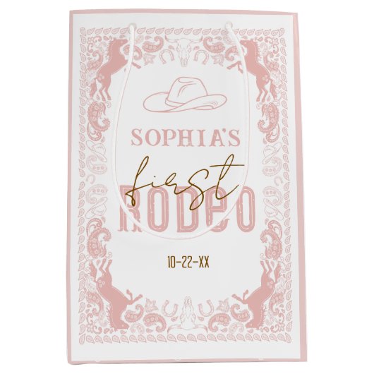 Roze Eerste Rodeo Verjaardag Gift Bag – Westerne C Medium Cadeauzakje (Voorkant)