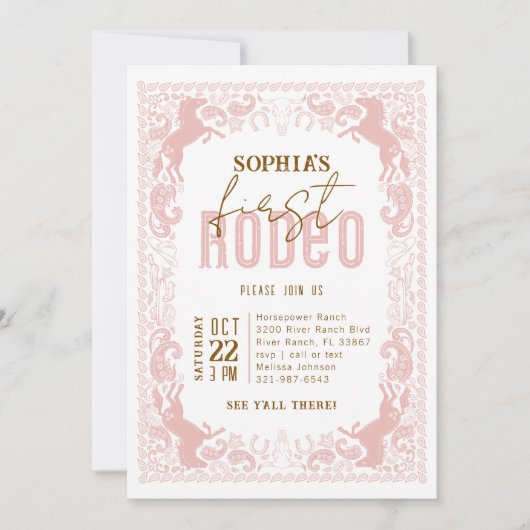 Roze eerste Rodeo verjaardagsuitnodiging - Cowgirl Kaart (Voorkant)