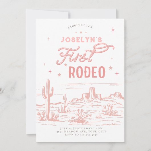 Roze eerste Rodeo verjaardagsuitnodiging Kaart (Voorkant)
