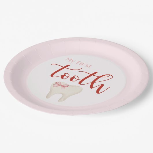 Roze eerste tand minimalistisch papieren bordje (Gekanteld)