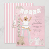 Roze eerste verjaardag baby meisje in kinderstoel kaart (Voorkant / Achterkant)