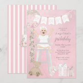 Roze eerste verjaardag baby meisje in kinderstoel kaart (Voorkant / Achterkant)