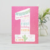 Roze eerste verjaardag Fiesta Party uitnodiging (Staand voorkant)