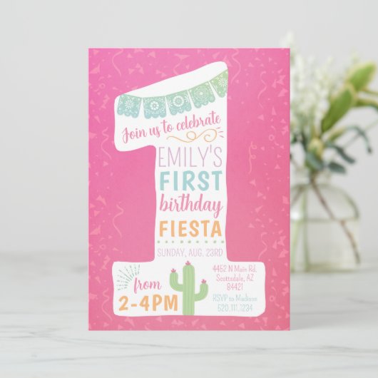 Roze eerste verjaardag Fiesta Party uitnodiging (Staand voorkant)