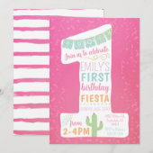Roze eerste verjaardag Fiesta Party uitnodiging (Voorkant / Achterkant)