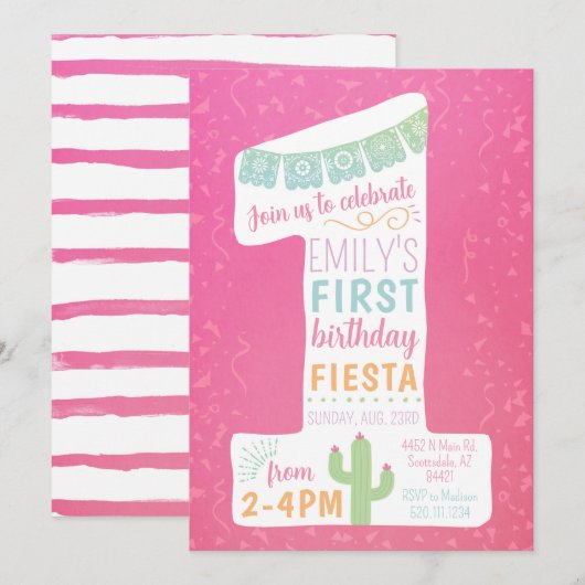 Roze eerste verjaardag Fiesta Party uitnodiging (Voorkant / Achterkant)