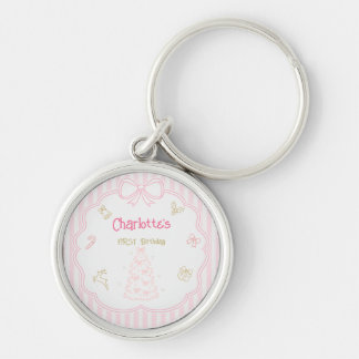 Roze Eerste Verjaardag Kerst Premium Rond Sleutelhanger