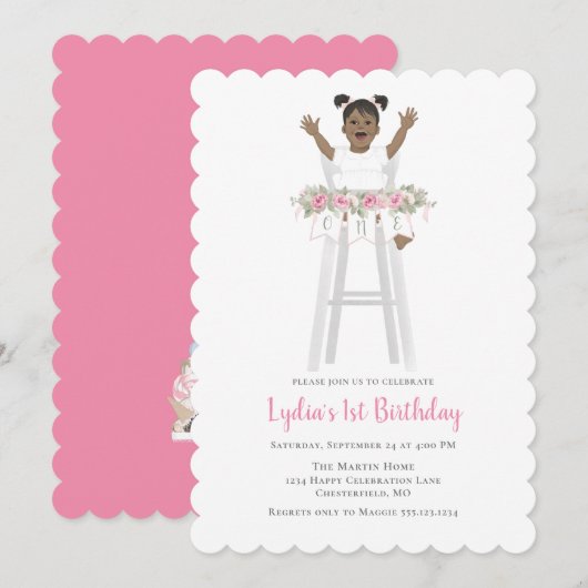 Roze eerste verjaardag meisje hoge stoel kaart (Voorkant / Achterkant)