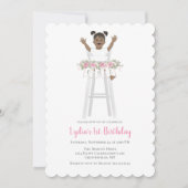 Roze eerste verjaardag meisje hoge stoel kaart (Voorkant)