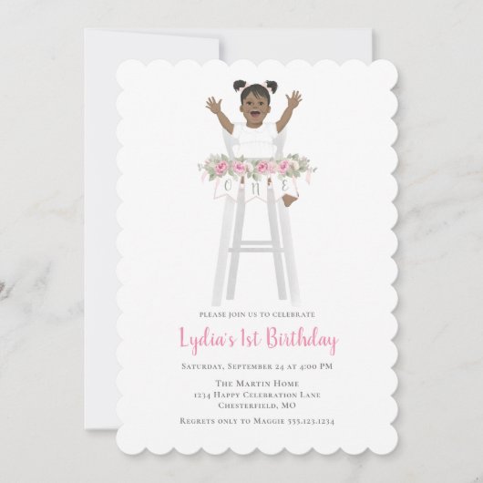 Roze eerste verjaardag meisje hoge stoel kaart (Voorkant)