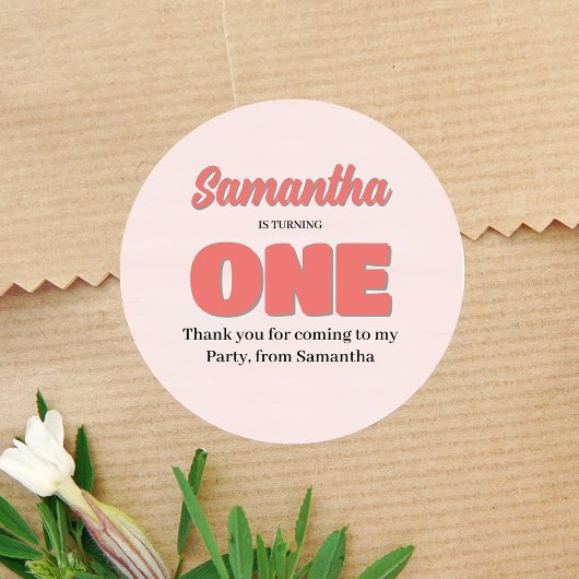 Roze Eerste Verjaardag Meisje Party Bloemen Ronde Sticker