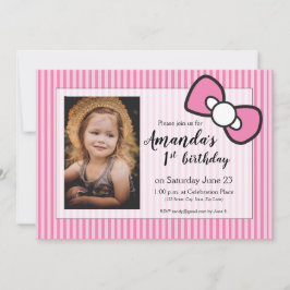 Roze Eerste verjaardag, strepen, boog, gepersonali Kaart