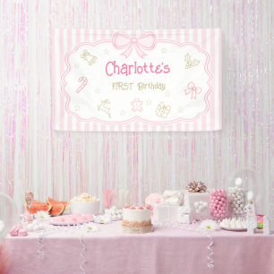 Roze Eerste Verjaardagspartijbanner Spandoek