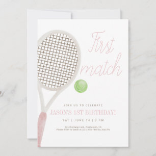 Roze eerste wedstrijd tennis verjaardag uitnodigin bedankkaart