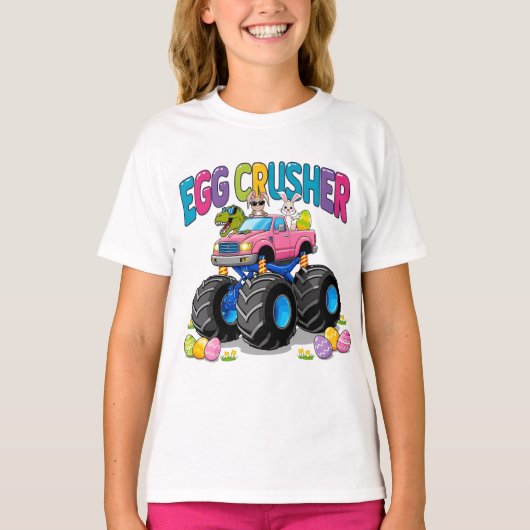Roze Ei Crusher Monster Truck Pasen T-shirt (Voorkant)