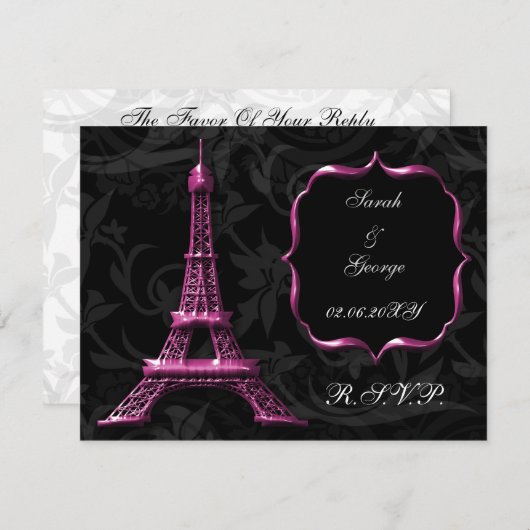Roze Eiffel tower franse bruiloft rsvp kaart (Voorkant / Achterkant)