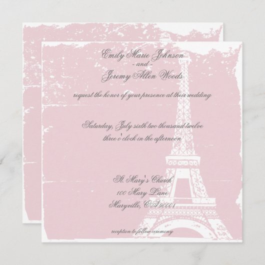 Roze Eiffel Tower Wedding Invitations Kaart (Voorkant / Achterkant)