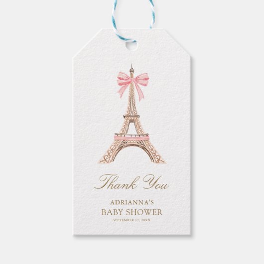 Roze Eiffeltoren Bow Baby shower Dank u Cadeaulabel (Voorkant)