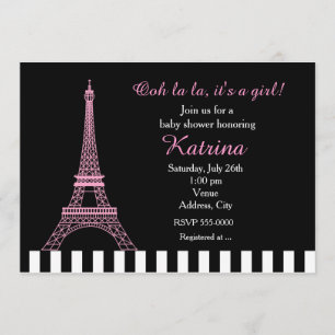 Roze Eiffeltoren Paris Black Baby shower Invite Kaart