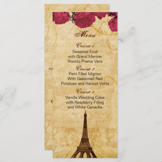 Roze  eiffeltoren Paris bruiloft menu kaarten (Voorkant / Achterkant)