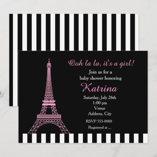 Roze Eiffeltoren Paris Zwart Baby shower Uitnodige Kaart (Voorkant / Achterkant)