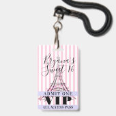 Roze Eiffeltoren Sweet 16 Feest VIP Pas Badge (Voorzijde met lanyard)