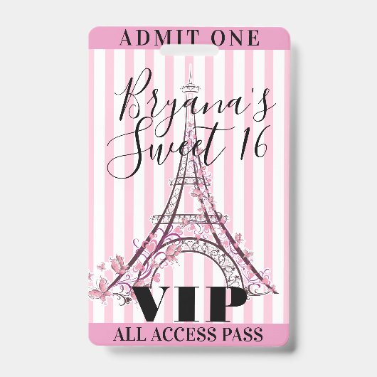 Roze Eiffeltoren Sweet 16 Feest VIP Pas Badge (Voorzijde)