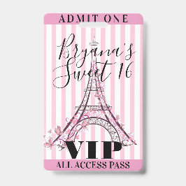 Roze Eiffeltoren Sweet 16 Feest VIP Pas Badge