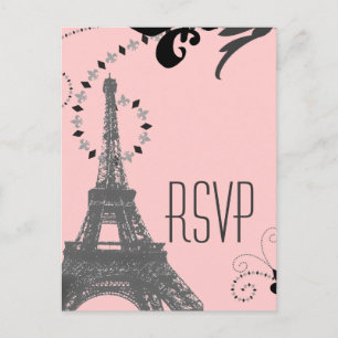 roze Eiffeltoren vintage Parijs bruiloft RSVP Uitnodiging Briefkaart