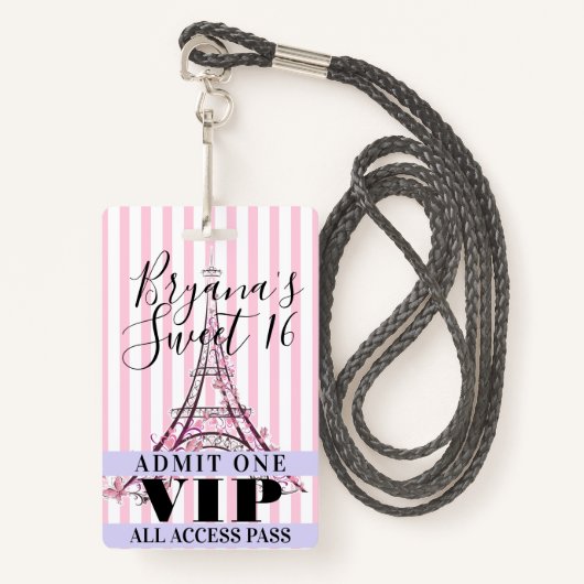 Roze Eiffeltoren, zoet 16-partijenbadge met VIP-ka Badge (Voorkant met draagriem)