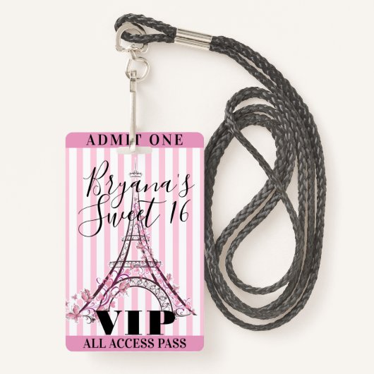 Roze Eiffeltoren, zoet 16-partijenbadge met VIP-ka Badge (Voorkant met draagriem)
