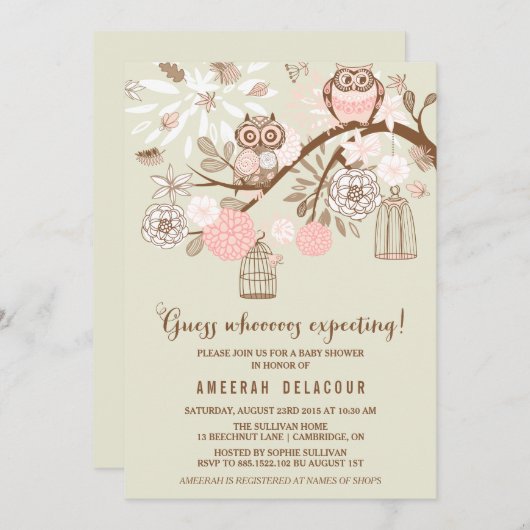 Roze eigenaar en uitnodiging tot Baby shower van B (Voorkant / Achterkant)