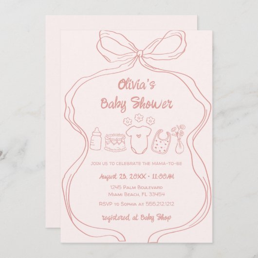 Roze eigenzinnige hand getekend Wavy Bow Girl Baby Kaart (Voorkant / Achterkant)