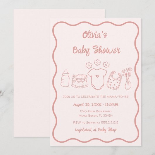 Roze Eigenzinnige Hand Getrokken Wavy Lijst Meisje Kaart (Voorkant / Achterkant)