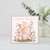 Roze Eitjes & Schattigee Bunnies Pasen Familie Din Kaart (Staand voorkant)
