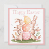 Roze Eitjes & Schattigee Bunnies Pasen Familie Din Kaart (Voorkant)