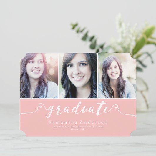 Roze Elegance 3 Foto Afstuderen Uitnodiging (Staand voorkant)