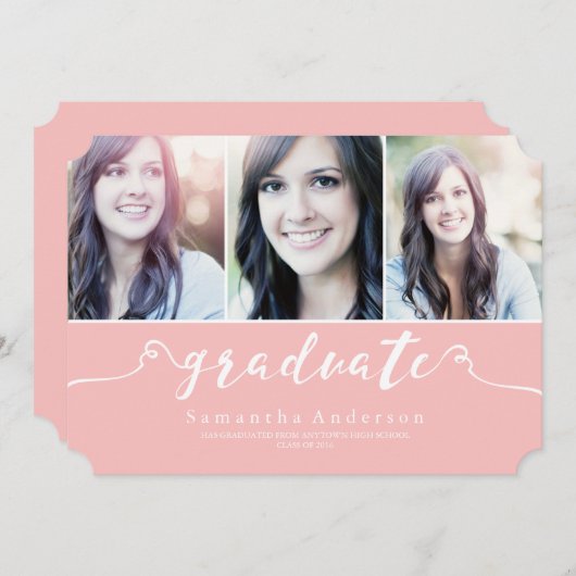 Roze Elegance 3 Foto Afstuderen Uitnodiging (Voorkant / Achterkant)