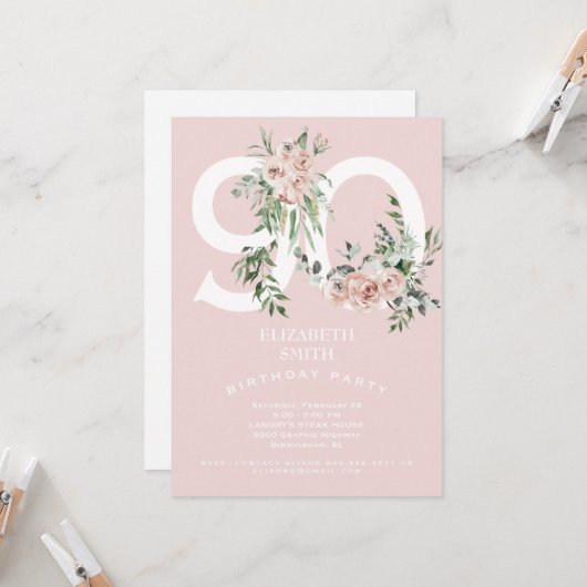 Roze Elegant 90th Birthday Party Invitation Kaart (Voorkant / Achterkant in situ)