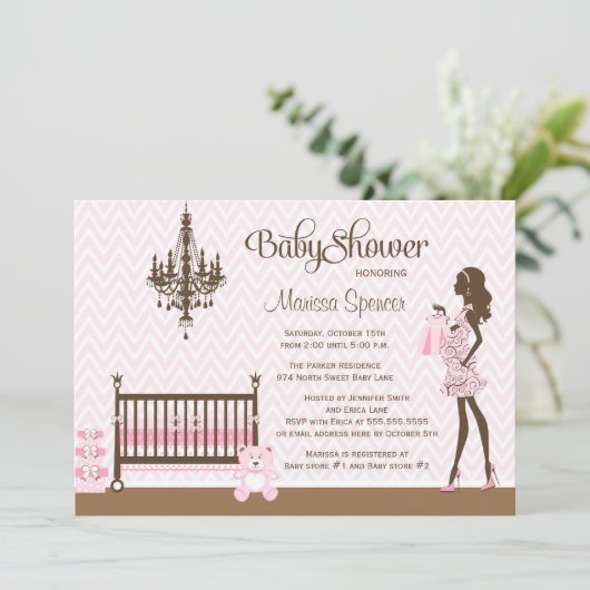 Roze elegant babymeisje doucheuitnodiging kaart (Staand voorkant)