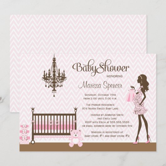 Roze elegant babymeisje doucheuitnodiging kaart (Voorkant / Achterkant)