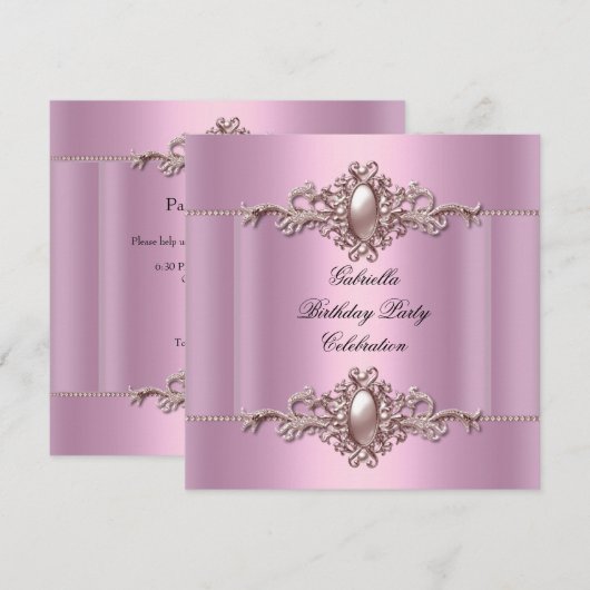 Roze Elegant Birthday Party Pearl Kaart (Voorkant / Achterkant)