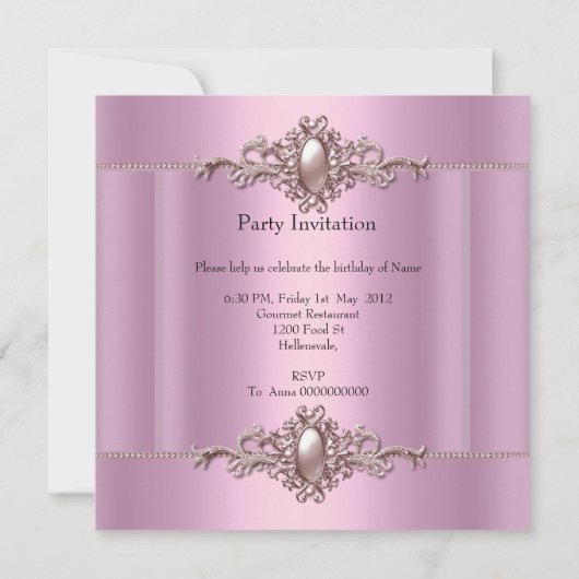 Roze Elegant Birthday Party Pearl Kaart (Achterkant)