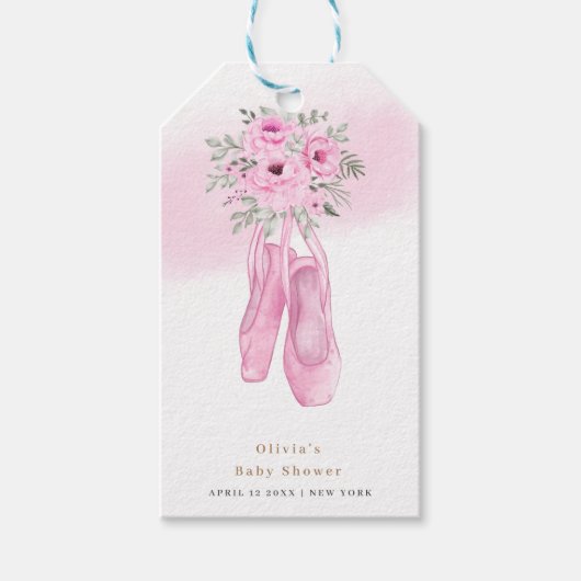 Roze Elegant Bloemen Ballerina Schoenen Baby showe Cadeaulabel (Voorkant)
